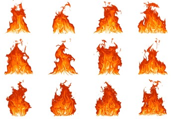 A set of twelve isolated flame images arranged in a rectangular grid on a white background