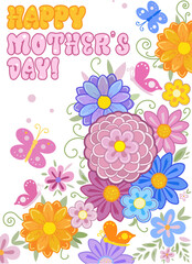 Mother's Day greeting card floral decoration with beautiful flowers and butterfly pattern design pink and yellow color Holiday, Birthday, Anniversary, invitation gifts for mom cozy elements frame art