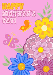 Mother's Day greeting card floral decoration with beautiful flowers and butterfly pattern design pink and yellow color Holiday, Birthday, Anniversary, invitation gifts for mom cozy elements frame art