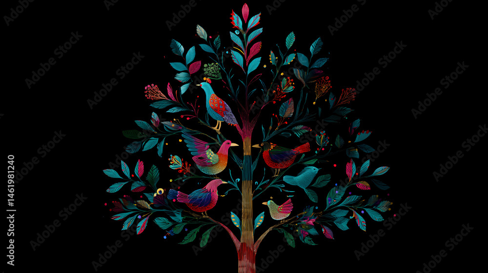 Poster stylized tree clothe with colorful birds and a inachis io on top.