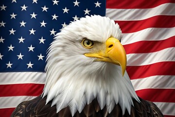 Patriotic Eagle and the American Flag: A majestic bald eagle stands proudly, its gaze fixed with determination, set against the backdrop of the vibrant American flag.