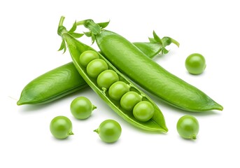 A close up of green peas in their pods and loose peas scattered on a plain white background studio shot