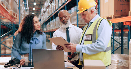 Supply chain, people and documents in warehouse, laptop and online schedule for stock distribution....