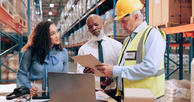 Supply chain, people and documents in warehouse, laptop and online schedule for stock distribution. Employees, logistics and meeting with pc, inventory or tablet for email, operations manager or talk - Powered by Adobe