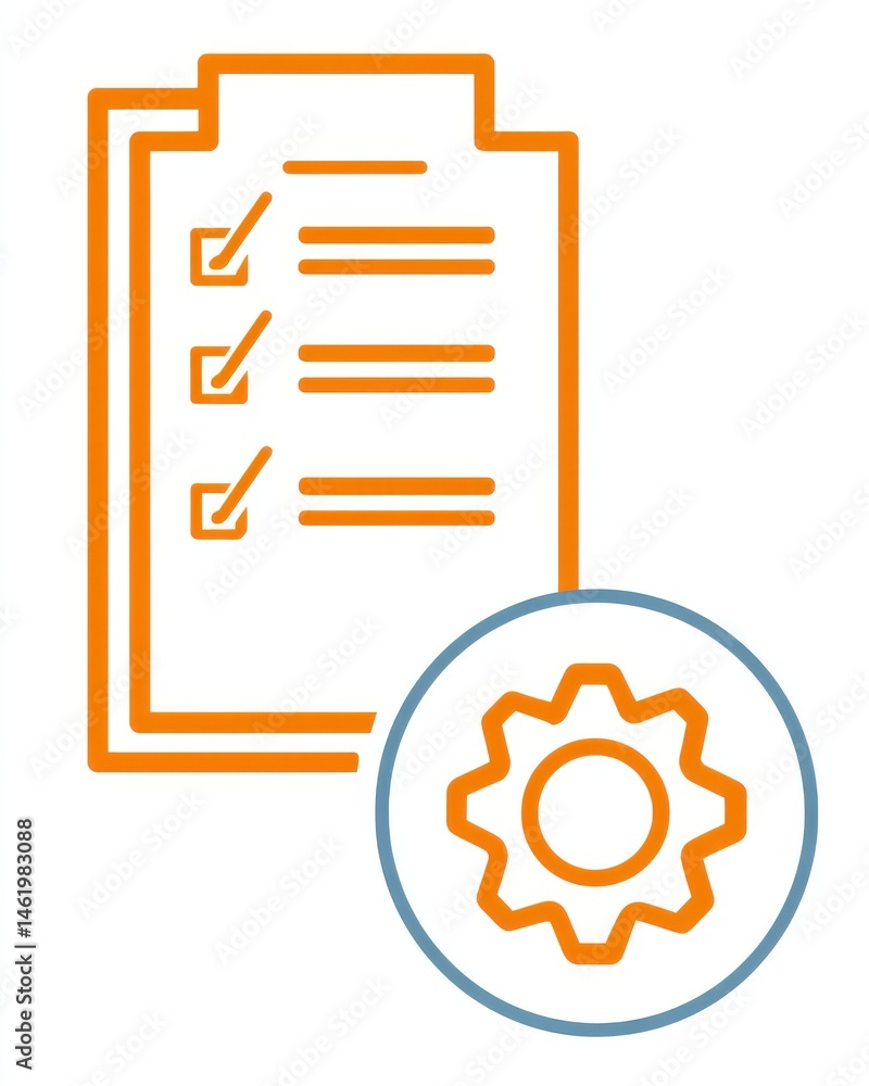 Poster an orange checklist icon and a gray gear icon representing the organization and planning of tasks sc