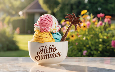 Ice cream and chocolate palm tree in a bowl. The bowl features the text "Hello Summer". Home garden background. Summertime, summer food concept.	