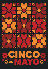 Cinco de Mayo in Mexico. Traditional mexican fiesta in May. National happy holiday with carnival, festival and parade. Latin american and spanish pattern. Illustration with sombrero. Vector poster