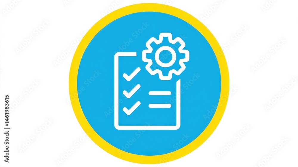 Poster a blue and yellow circular icon featuring a checklist and gear symbol symbolizing customizable setti