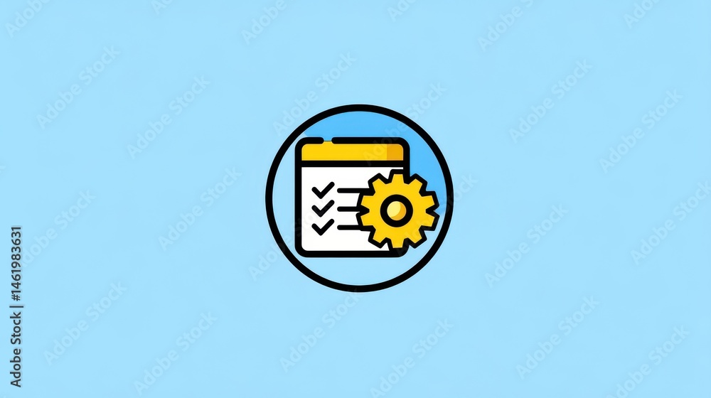 Poster a digital checklist and clipboard icon with a gear symbol representing business processes project ma