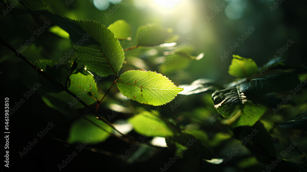 Poster sunlight shining through vibrant immature folio creating a serene spring atmosphere.