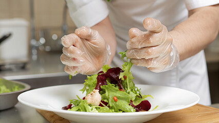 Food safety day, a detailed shot of a chef plating a mixed salad, highlighting the textures and colors