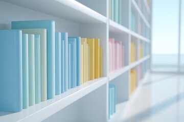 modern bookstore with sleek shelves lined with multicolored spines of books and ample copy space