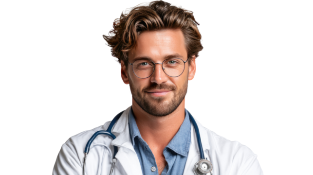 Portrait of a Doctor: A confident and friendly doctor poses in a professional portrait, ready to provide care and expertise.