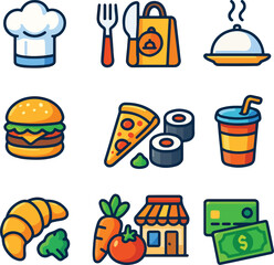 Food and Dining Icon Set Representing Various Culinary Concepts