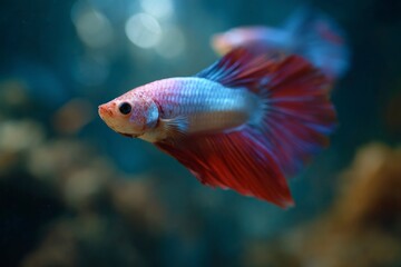 Obraz premium Betta Fish Swimming Underwater with Red Tail Fin in Aquarium Setting