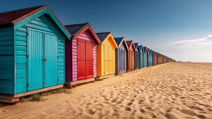 Naklejka premium Colorful Beach Huts: A vibrant row of colorful beach huts stands proudly against the backdrop of a pristine sandy beach, evoking feelings of tranquility and summertime bliss. 