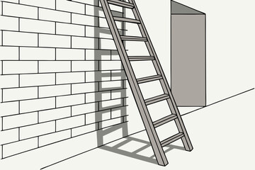 Metal ladder leaning against wall with shadow on floor  