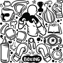 Naklejka premium Boxing black white elements set with fighter sports, seamless pattern with boxing equipment, Doodle vector set Boxing sport related equipments such as fight gear clothes, boxing doodle, Boxing Icon Se