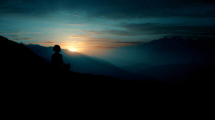 Fototapeta premium Sunrise speculation a serene woman in lotus position with the pile in the background.