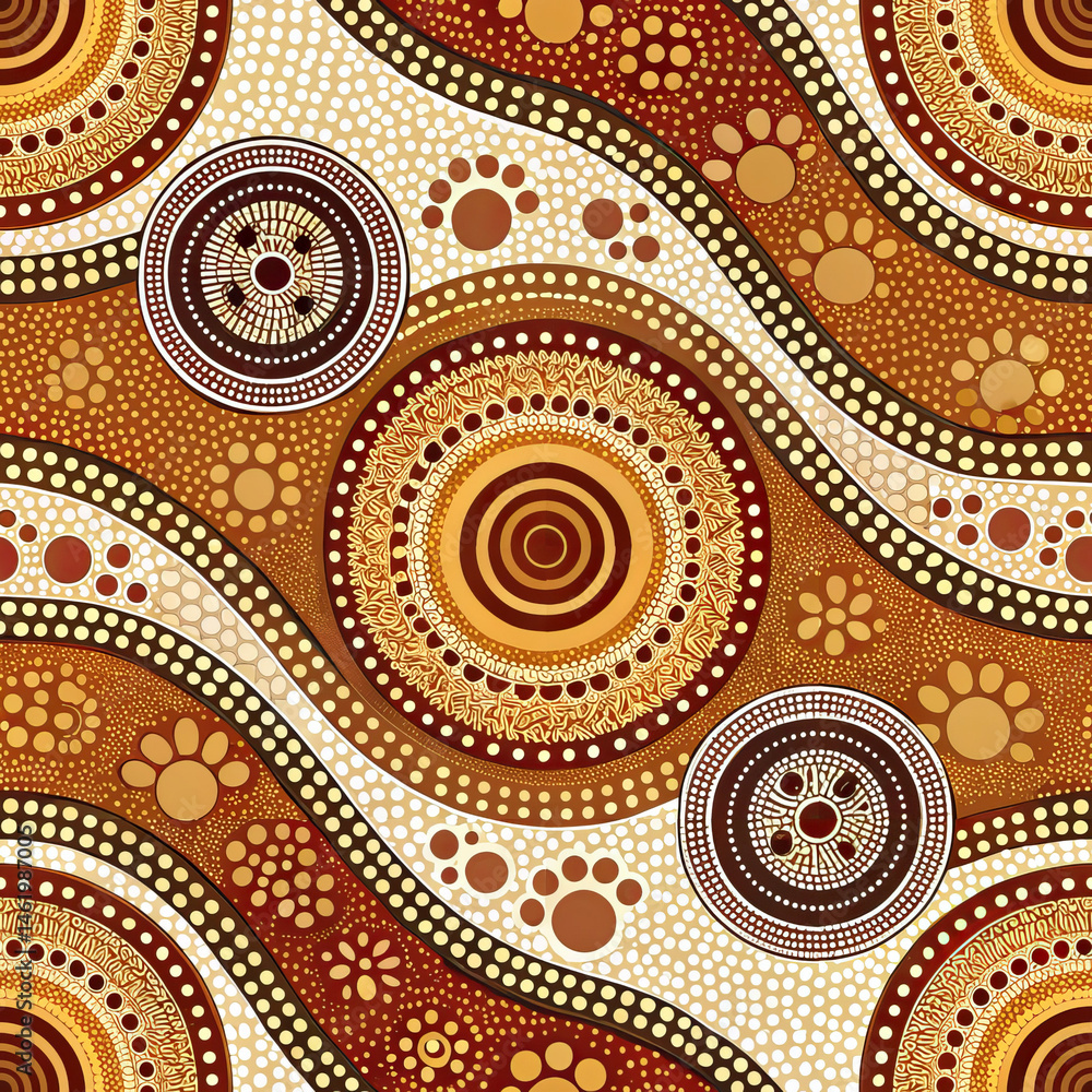 Poster Colorful abstract pattern with circular motifs and wavy designs.