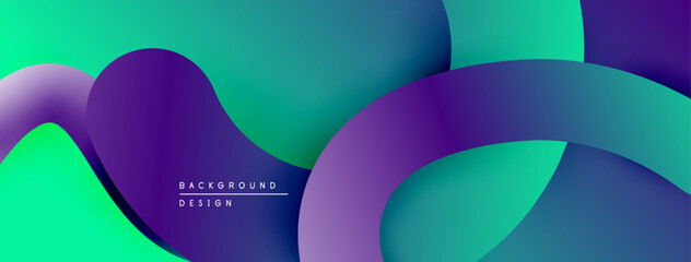 Abstract fluid shapes blend vibrant turquoise, purple hues. Modern design evokes movement, energy, visual appeal. Background features smooth gradients.