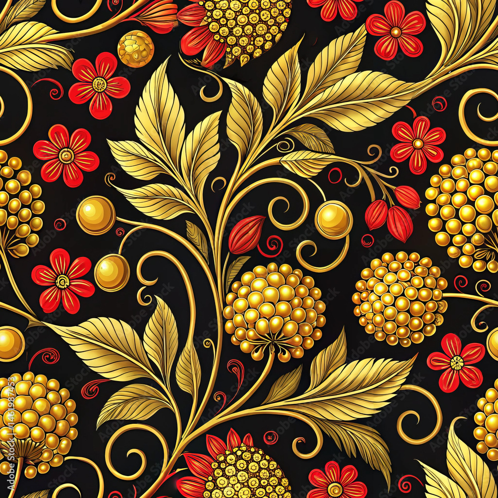 Poster floral pattern with gold and red elements on a dark background.