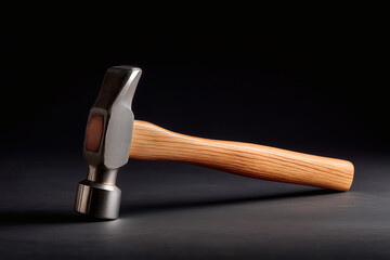 Hammer on dark backdrop. Wooden handle, steel head. Simple construction tool for driving nails, demolition.