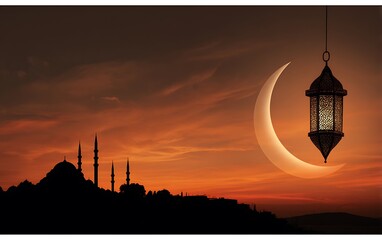Obraz premium Silhouette of Mosque at Sunset with Crescent Moon and Hanging Lantern