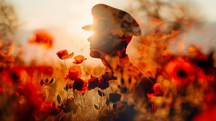Silhouette of soldier in field of poppies at sunset.