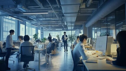 Dynamic collaborative workspace with diverse professionals in action at modern office