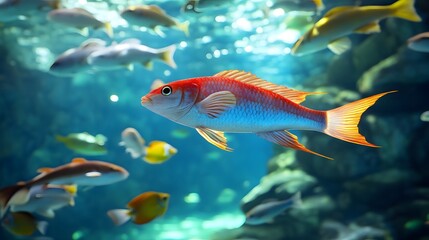 Naklejka premium Vibrant aquatic life within a large aquarium.