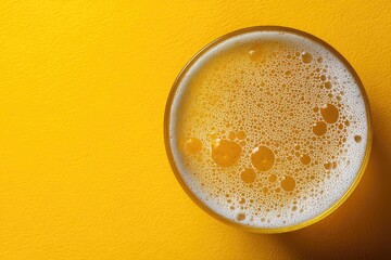 Glass of light-colored beer, frothy top, yellow background