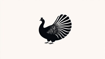 Obraz premium Black peacock profile, tail feathers spread, white background, farm animal illustration