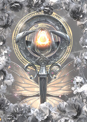 3D rendered fantasy cover art with a magical emblem in a silver floral environment 