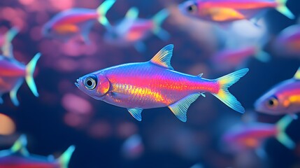 Fototapeta premium Vibrant school of fish swimming in a coral reef tank.