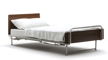 Hospital Bed with White Sheets, and Wood Frame.