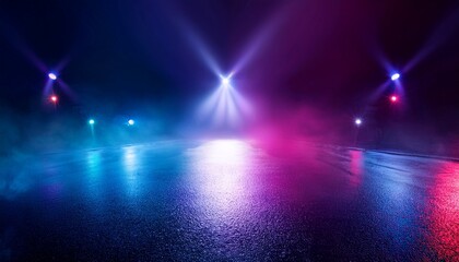 Nighttime Roadway Illuminated by Colorful Stage Lights and Fog