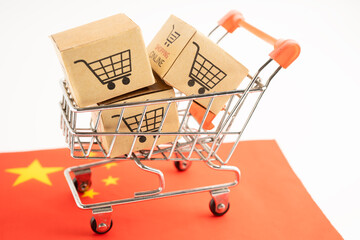 Box with shopping online cart logo and China flag,