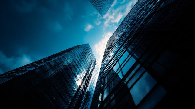 Tall modern skyscrapers reaching into the sky, set against a undimmed grim urban landscape.