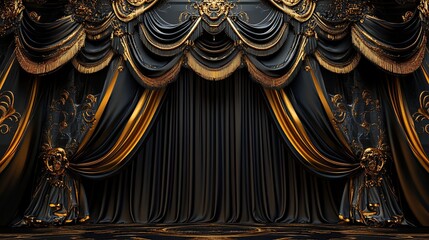 Elegant black and gold stage curtains with ornate details.
