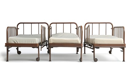 Three Empty Hospital Beds with White Background.