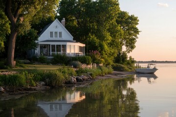 Lakeside home at sunset, tranquil scene
