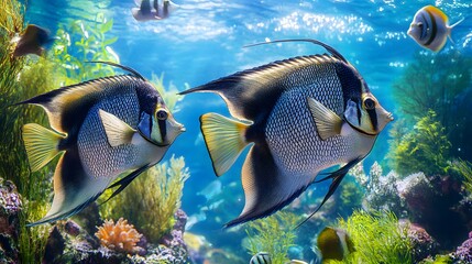 Two angelfish swim amongst vibrant coral reefs.