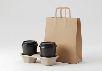 Two black coffee cups in a carrier with a brown paper bag on a plain white background studio shot