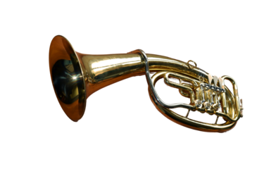 Baritone wind musical instrument is showcased with its gleaming brass finish visible. The rich color and detailed structure emphasize the instrument's artistry and musical significance.