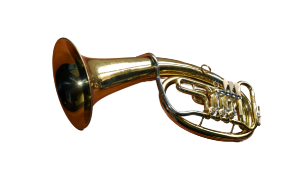 Baritone wind musical instrument is showcased with its gleaming brass finish visible. The rich color and detailed structure emphasize the instrument's artistry and musical significance.
