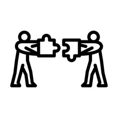 team collaboration outline icon. figure holding puzzle line art illustration.