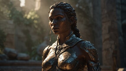 A statue of Xoria, morning light piercing through her shattered body