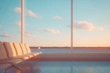 Fototapeta premium serene view of quiet airport terminal with scattered minimalist seating large framing runway