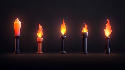 Pixel Art Torches Set: Orange and Red Flames on Dark Background